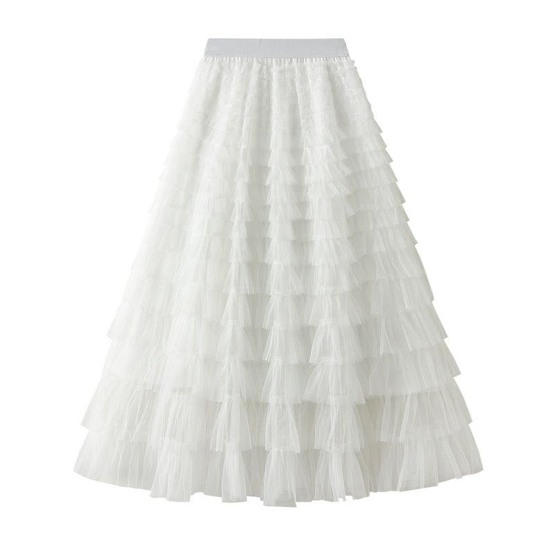 A-Line Mesh Ruffle Skirt Women's Temperament Sweet Long Skirt Slim Cupcake Dress Womens Clothing - AL MONI EXPRESS