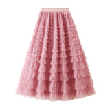 A-Line Mesh Ruffle Skirt Women's Temperament Sweet Long Skirt Slim Cupcake Dress Womens Clothing - AL MONI EXPRESS