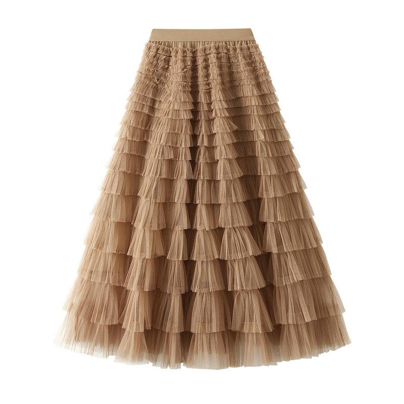 A-Line Mesh Ruffle Skirt Women's Temperament Sweet Long Skirt Slim Cupcake Dress Womens Clothing - AL MONI EXPRESS