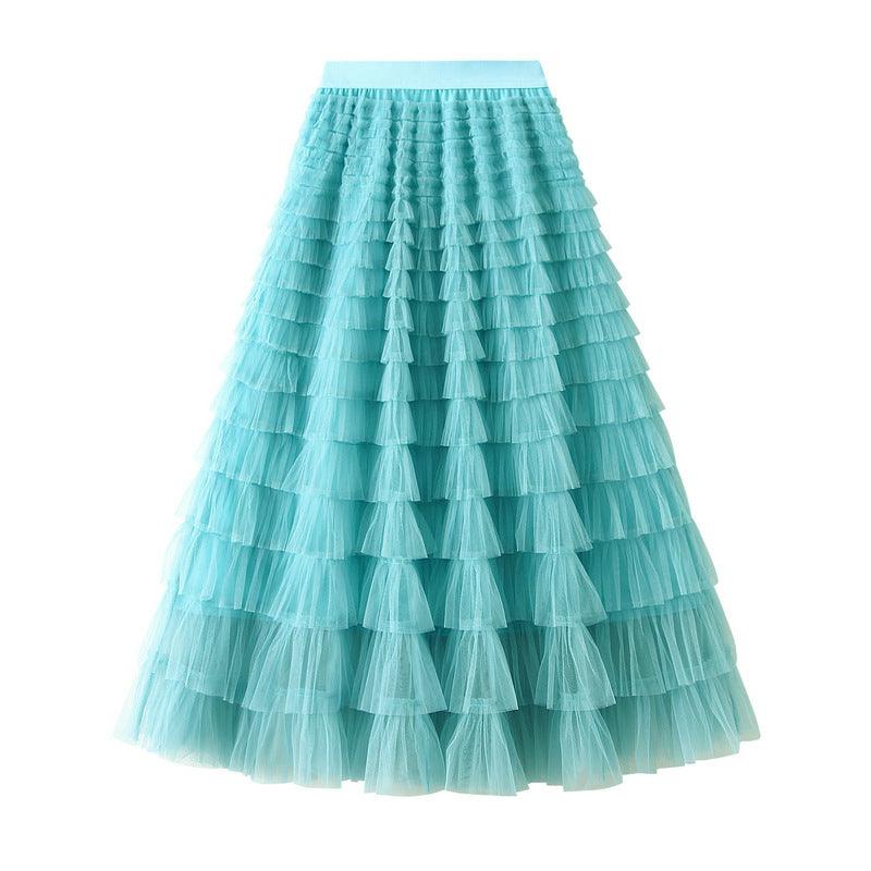 A-Line Mesh Ruffle Skirt Women's Temperament Sweet Long Skirt Slim Cupcake Dress Womens Clothing - AL MONI EXPRESS