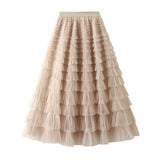 A-Line Mesh Ruffle Skirt Women's Temperament Sweet Long Skirt Slim Cupcake Dress Womens Clothing - AL MONI EXPRESS