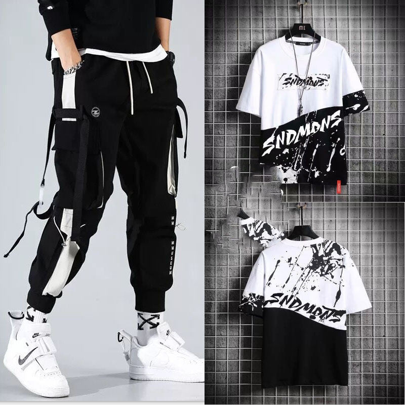 Two-piece Summer Men's Loose Hip-hop Overalls With Hood