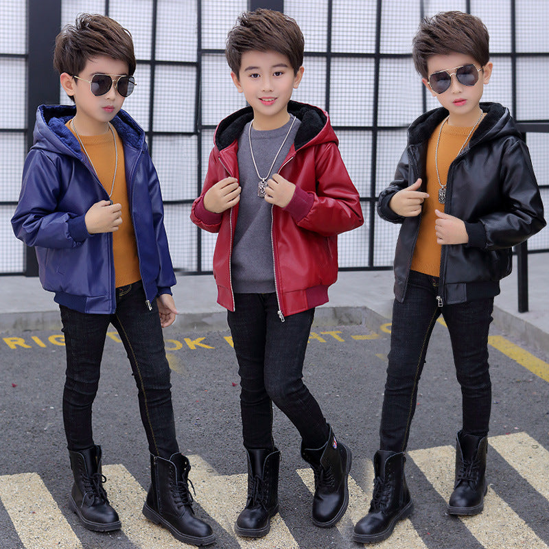 PU Leather Jacket Children's Wear Hooded Padded Coat