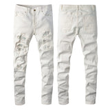 Hot Drill Patch Hole White Slim-fit Pants Male