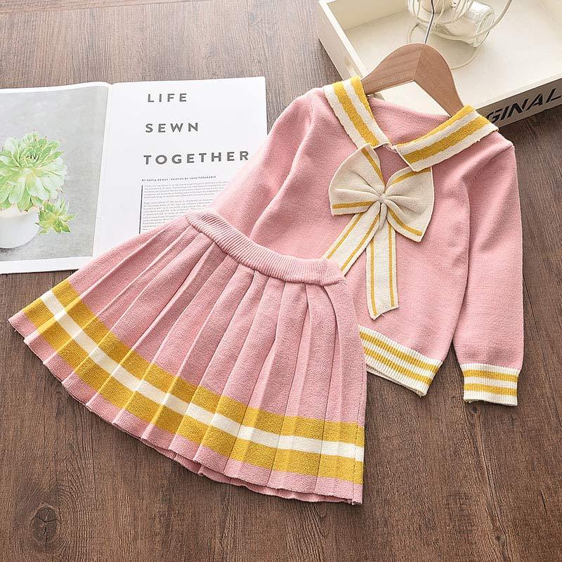 Girls Spring Clothes Set Long Sleeve Sweater Shirt Skirt Bow