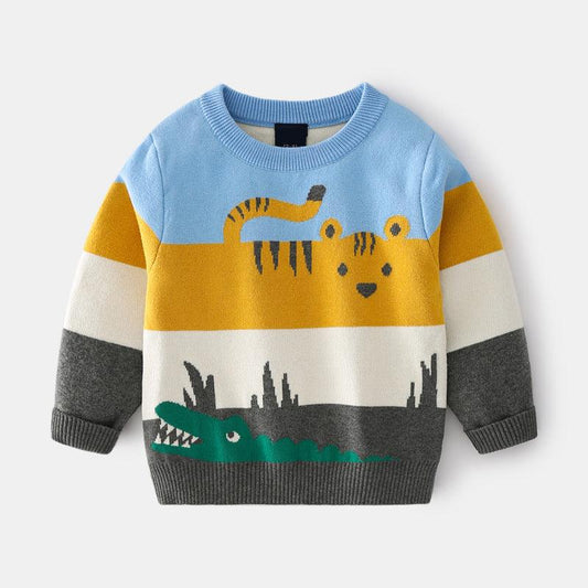 Abstract Cartoon Jacquard Double Layer Sweater For Boys - Almoni Express