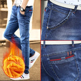 Autumn And Winter Men's Jeans Casual Fleece-lined Thickened Elastic Youth Slim Fit Feet Pants - AL MONI EXPRESS