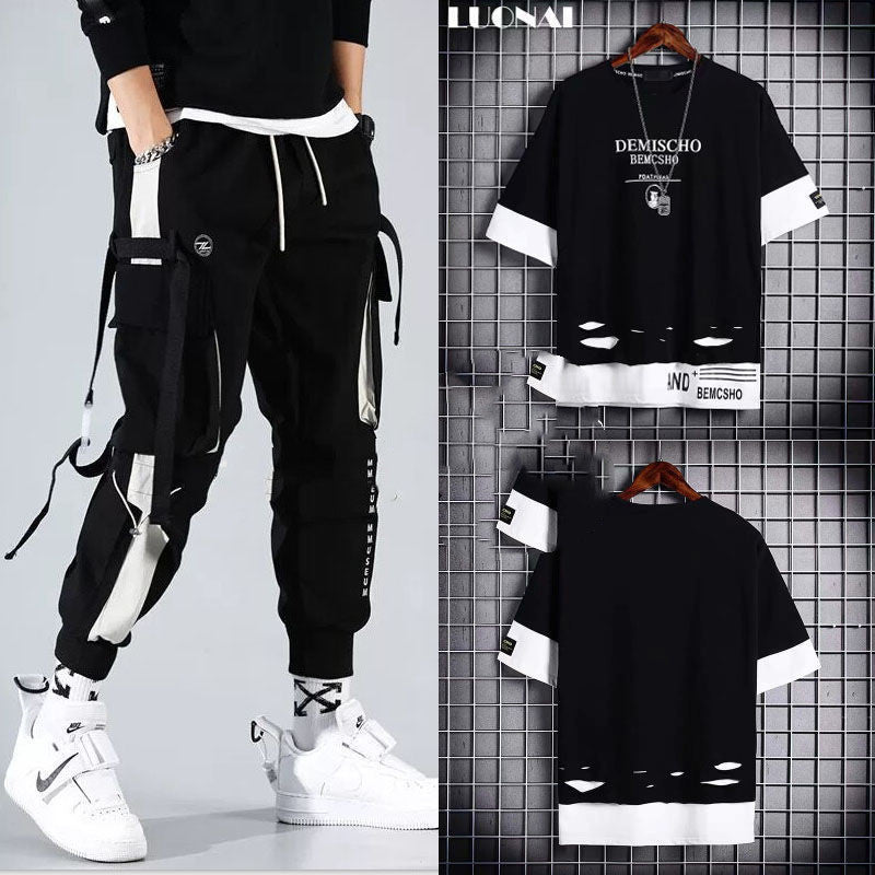 Two-piece Summer Men's Loose Hip-hop Overalls With Hood