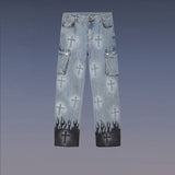 High Street Retro Cross Graffiti Loose Straight Jeans