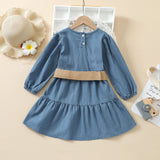 Long Sleeve Denim Princess Dress With Belt