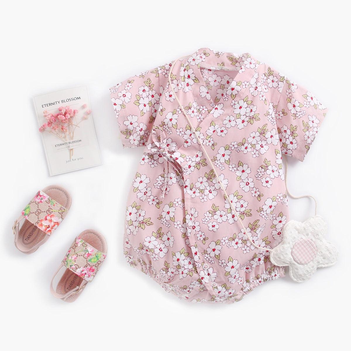 Baby Clothes Summer Baby Onesies Floral Strapping Retro Japanese Yukata Bag Fart Clothes - Almoni Express