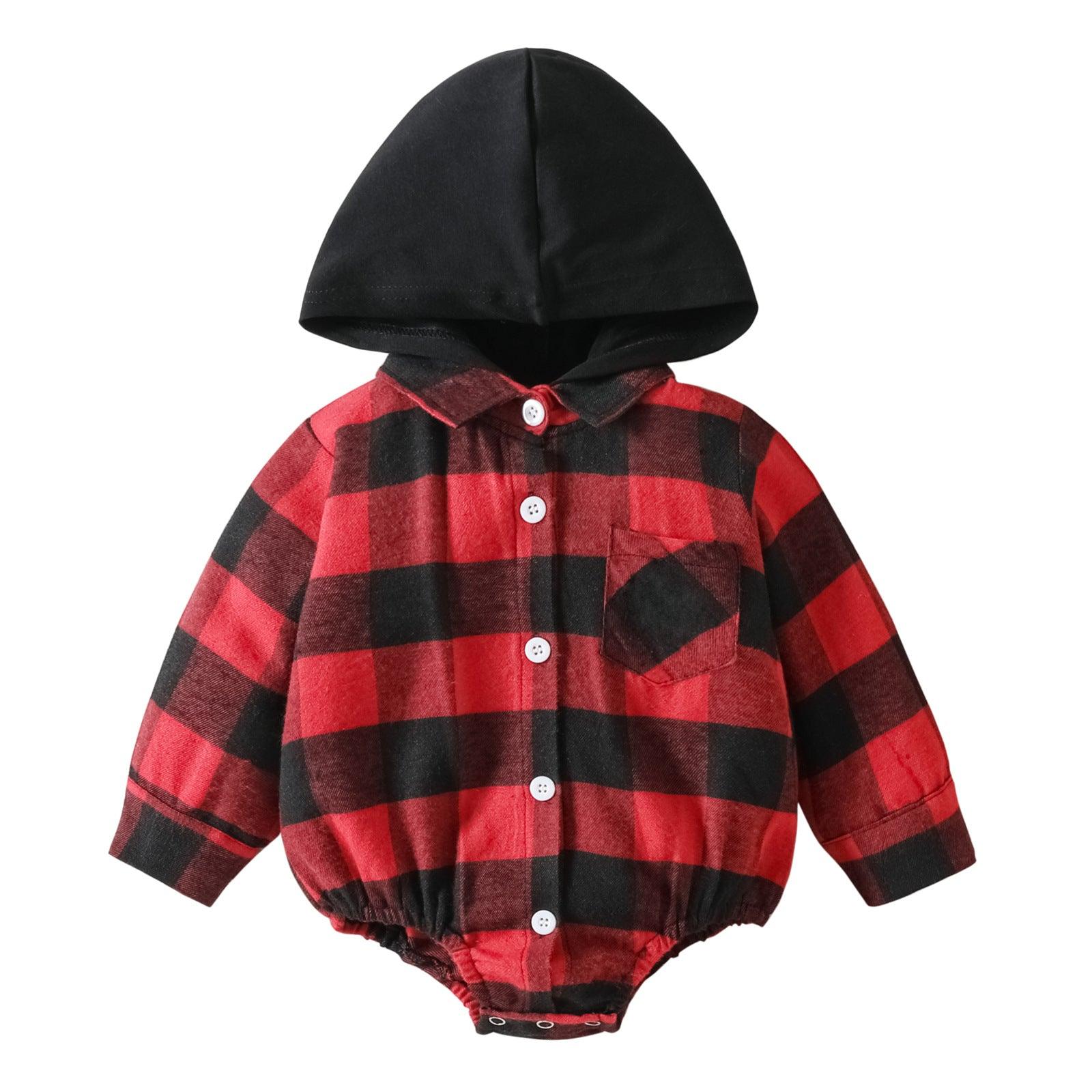 Baby Clothing Christmas Baby Plaid Button Hooded Jumpsuit - Almoni Express