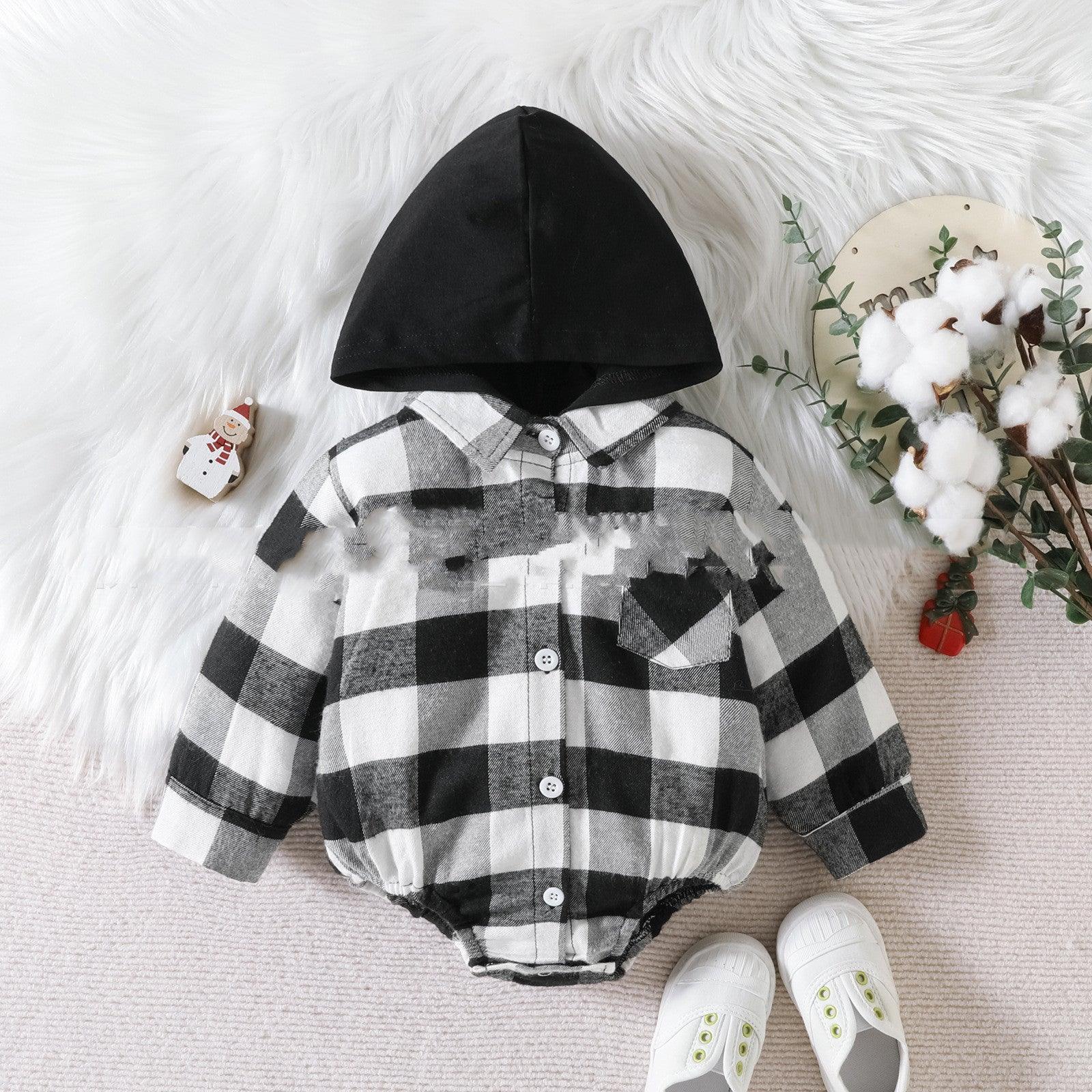 Baby Clothing Christmas Baby Plaid Button Hooded Jumpsuit - Almoni Express