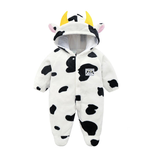 Baby Cow Hooded Crawling Clothes Flannel One Piece Clothes 0 1 Male And Female Baby Outerwear - Almoni Express