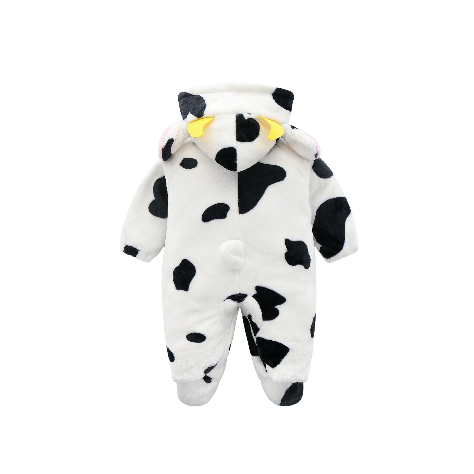 Baby Cow Hooded Crawling Clothes Flannel One Piece Clothes 0 1 Male And Female Baby Outerwear - Almoni Express