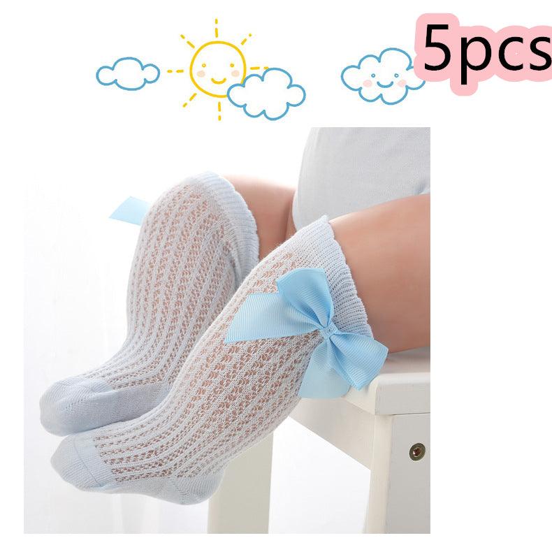 Baby Infants Kids Toddlers Girls Boys Knee High Socks Tights Leg Warmer Ribbon Bow Solid Cotton Stretch Cute Lovely - Almoni Express