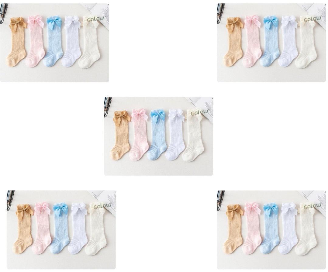 Baby Infants Kids Toddlers Girls Boys Knee High Socks Tights Leg Warmer Ribbon Bow Solid Cotton Stretch Cute Lovely - Almoni Express