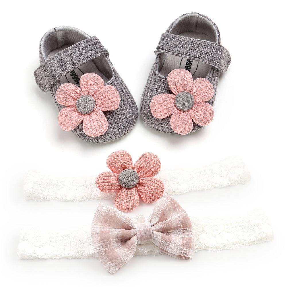 Baby Soft-Soled Toddler Shoes, Baby Shoes, Princess Shoes, Baby Headband And Headwear 2-Piece Set - Almoni Express