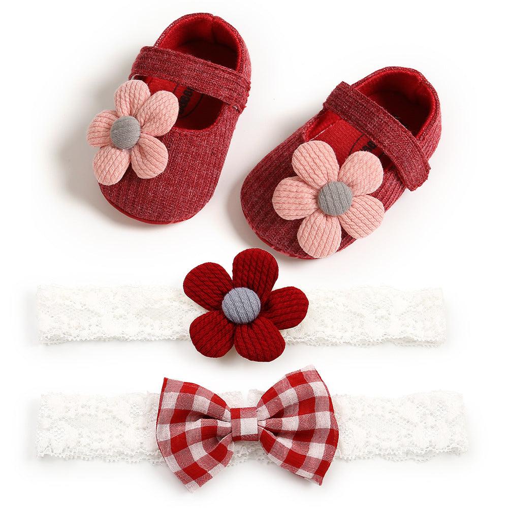 Baby Soft-Soled Toddler Shoes, Baby Shoes, Princess Shoes, Baby Headband And Headwear 2-Piece Set - Almoni Express