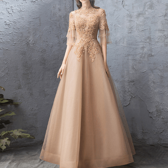 Banquet Evening Dress Female Golden Stand-up Collar Host Annual Party Dress Skirt - Almoni Express