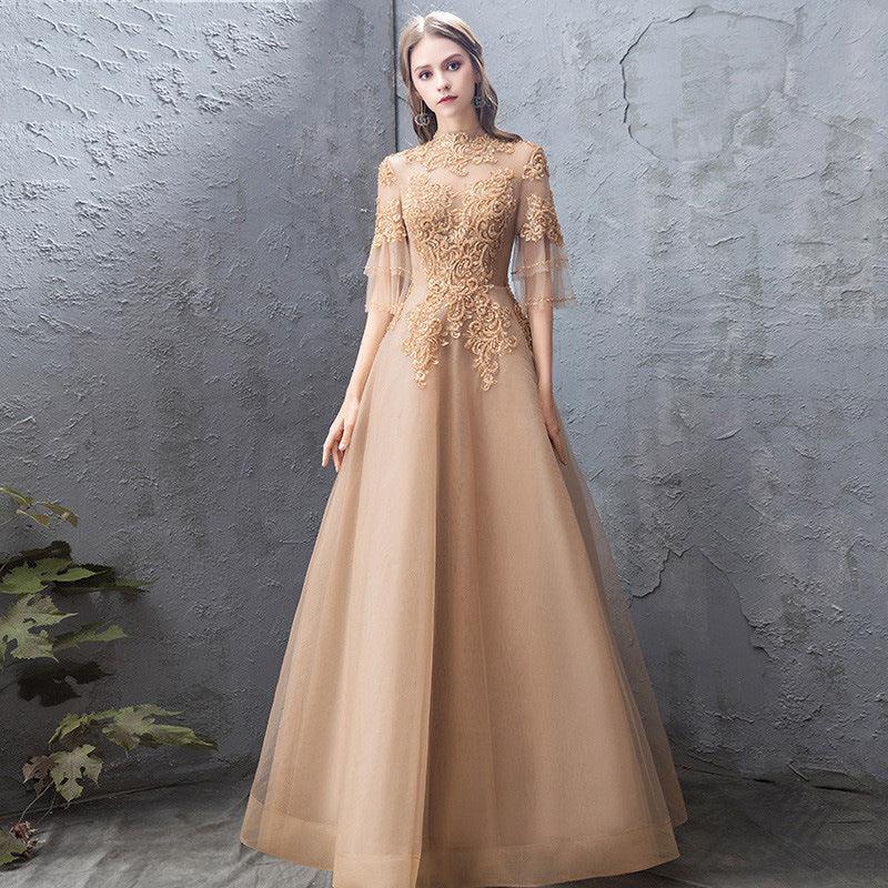 Banquet Evening Dress Female Golden Stand-up Collar Host Annual Party Dress Skirt - Almoni Express