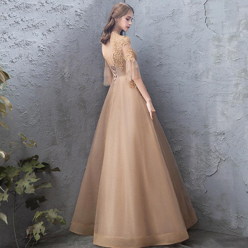 Banquet Evening Dress Female Golden Stand-up Collar Host Annual Party Dress Skirt - Almoni Express