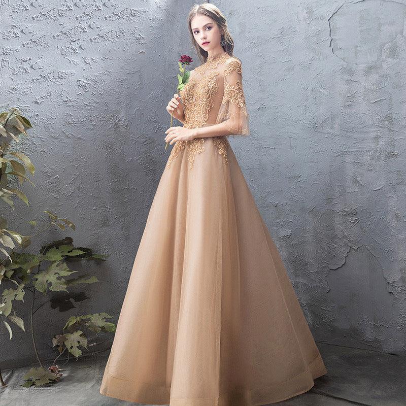 Banquet Evening Dress Female Golden Stand-up Collar Host Annual Party Dress Skirt - Almoni Express