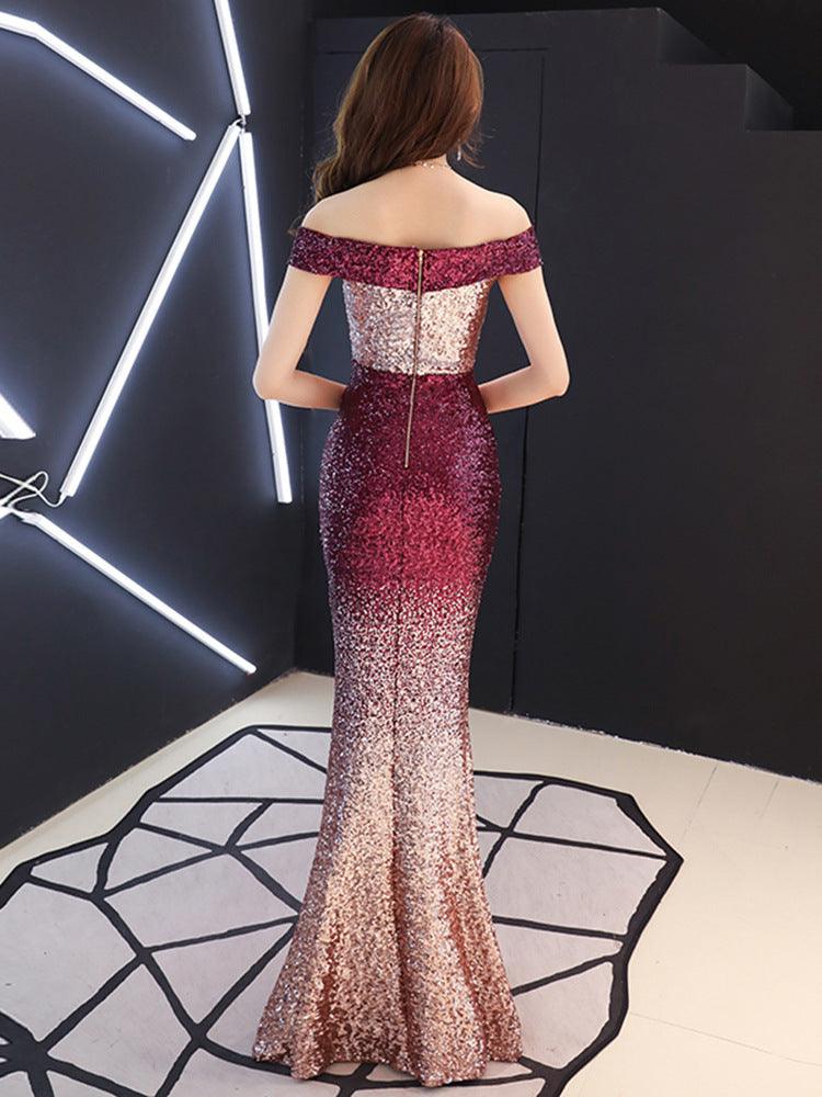 Banquet Evening Dress Women'S Fashion New Style Aura Queen Shoulder Noble Elegant Long Style Celebrity Host Fishtail - Almoni Express