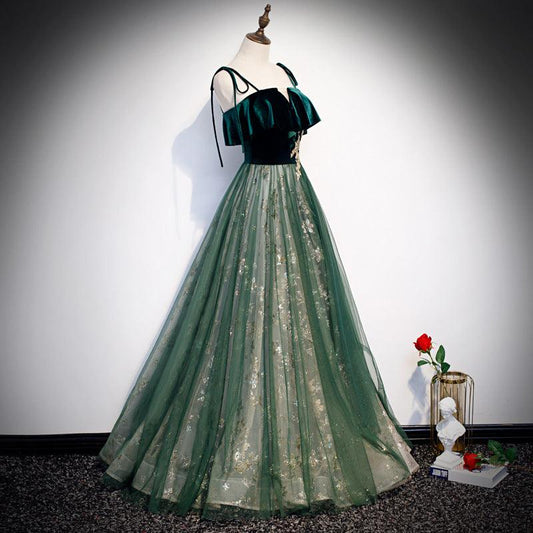 Banquet Sling Temperament Long Dress Dark Green Fantasy Mori - Almoni Express