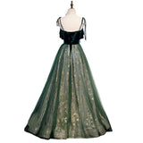 Banquet Sling Temperament Long Dress Dark Green Fantasy Mori - Almoni Express