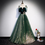 Banquet Sling Temperament Long Dress Dark Green Fantasy Mori - Almoni Express