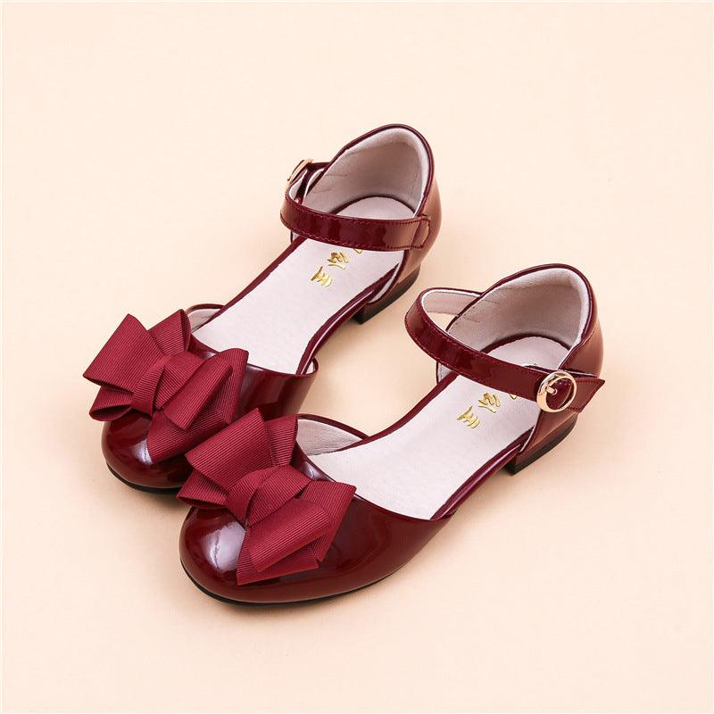 Big Kids' Hollow Velcro Patent Leather Shoes With Bow - Almoni Express