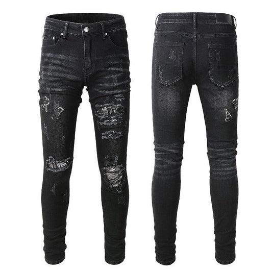 Black Cashew Flower Printed Patch Torn Jeans For Men - AL MONI EXPRESS