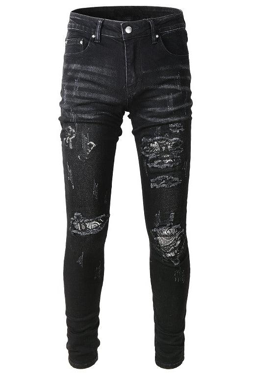 Black Cashew Flower Printed Patch Torn Jeans For Men - AL MONI EXPRESS