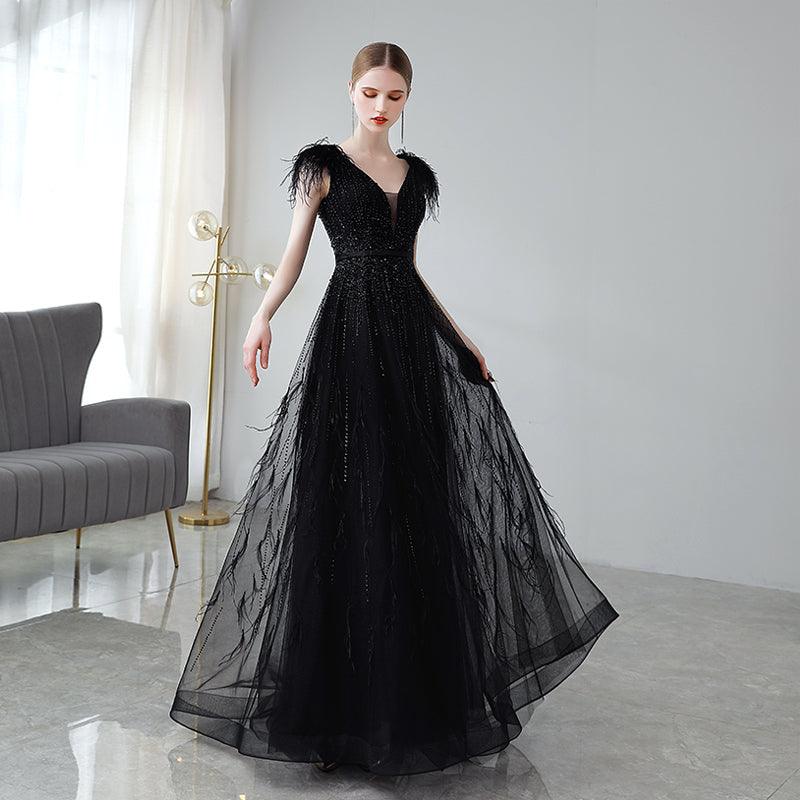 Black Double Shoulder Evening Dress Woman - Almoni Express