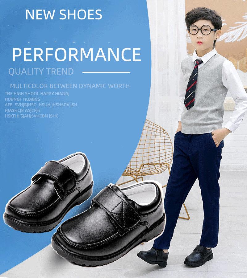 Boys Black Student Velcro British Leather Shoes - Almoni Express