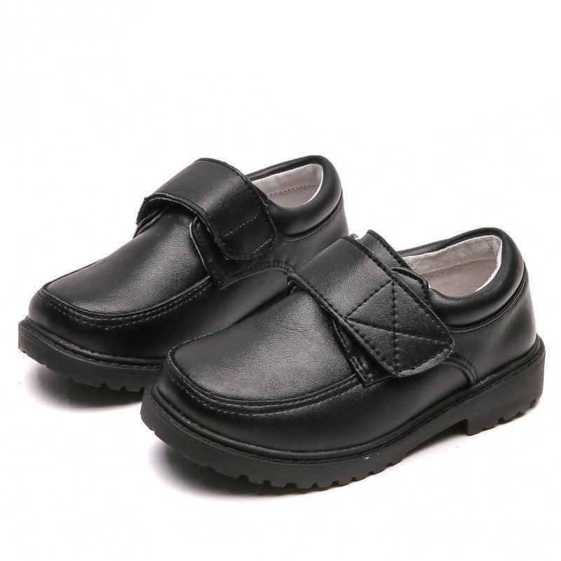 Boys Black Student Velcro British Leather Shoes - Almoni Express