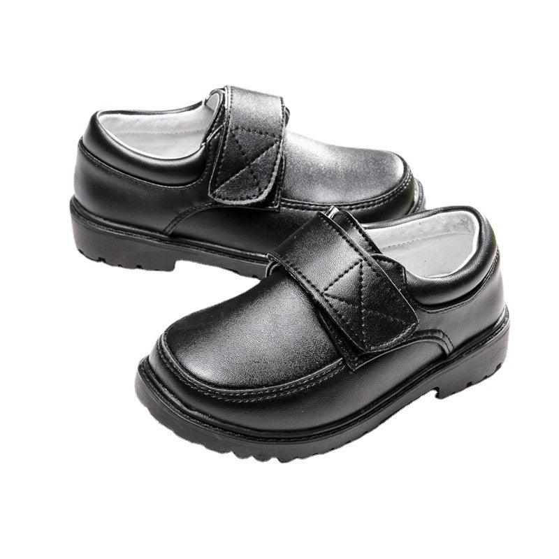 Boys Black Student Velcro British Leather Shoes - Almoni Express