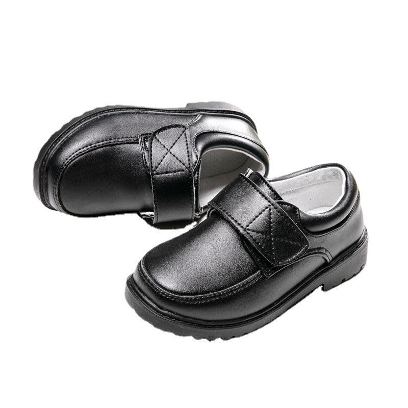 Boys Black Student Velcro British Leather Shoes - Almoni Express