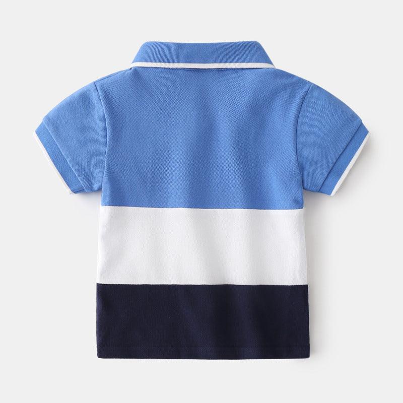 Boys Color Block Lapel Tops Korean Children's Clothing Boys Embroidered Shirts Baby Summer Trends - Almoni Express