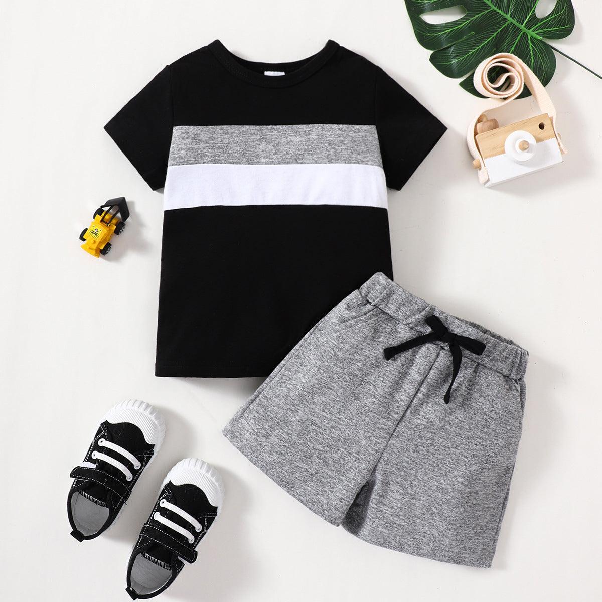 Boys' New Suit Color-block Crew Neck Short-sleeved Shirt Short Gray Children Suit - Almoni Express