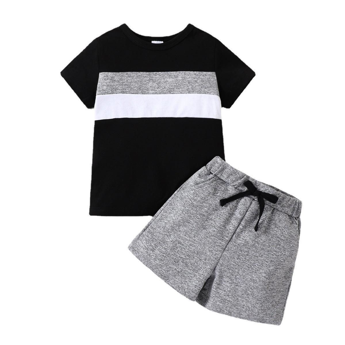 Boys' New Suit Color-block Crew Neck Short-sleeved Shirt Short Gray Children Suit - Almoni Express