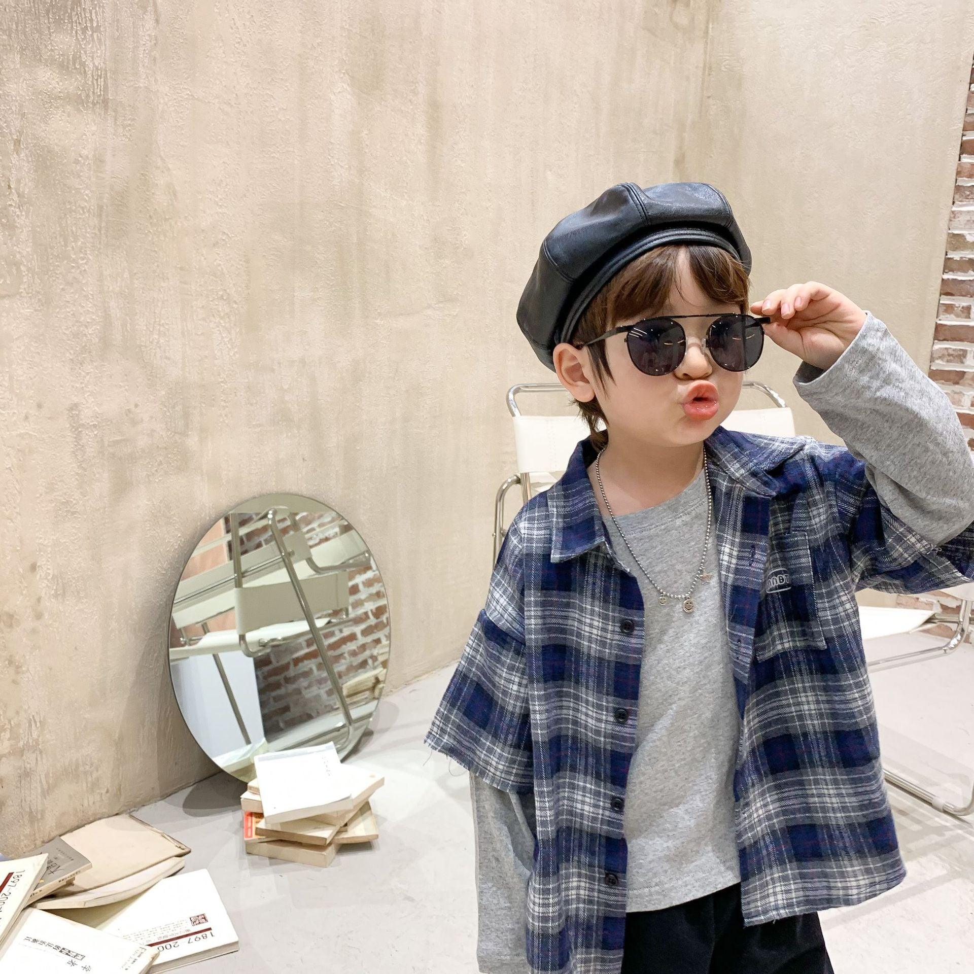 Boys plaid shirt stitching t-shirt - Almoni Express