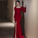 Bride Fishtail Square Collar Long Sleeve Design Simple Satin Evening Dress - Almoni Express