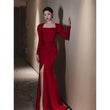 Bride Fishtail Square Collar Long Sleeve Design Simple Satin Evening Dress - Almoni Express