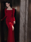 Bride Fishtail Square Collar Long Sleeve Design Simple Satin Evening Dress - Almoni Express