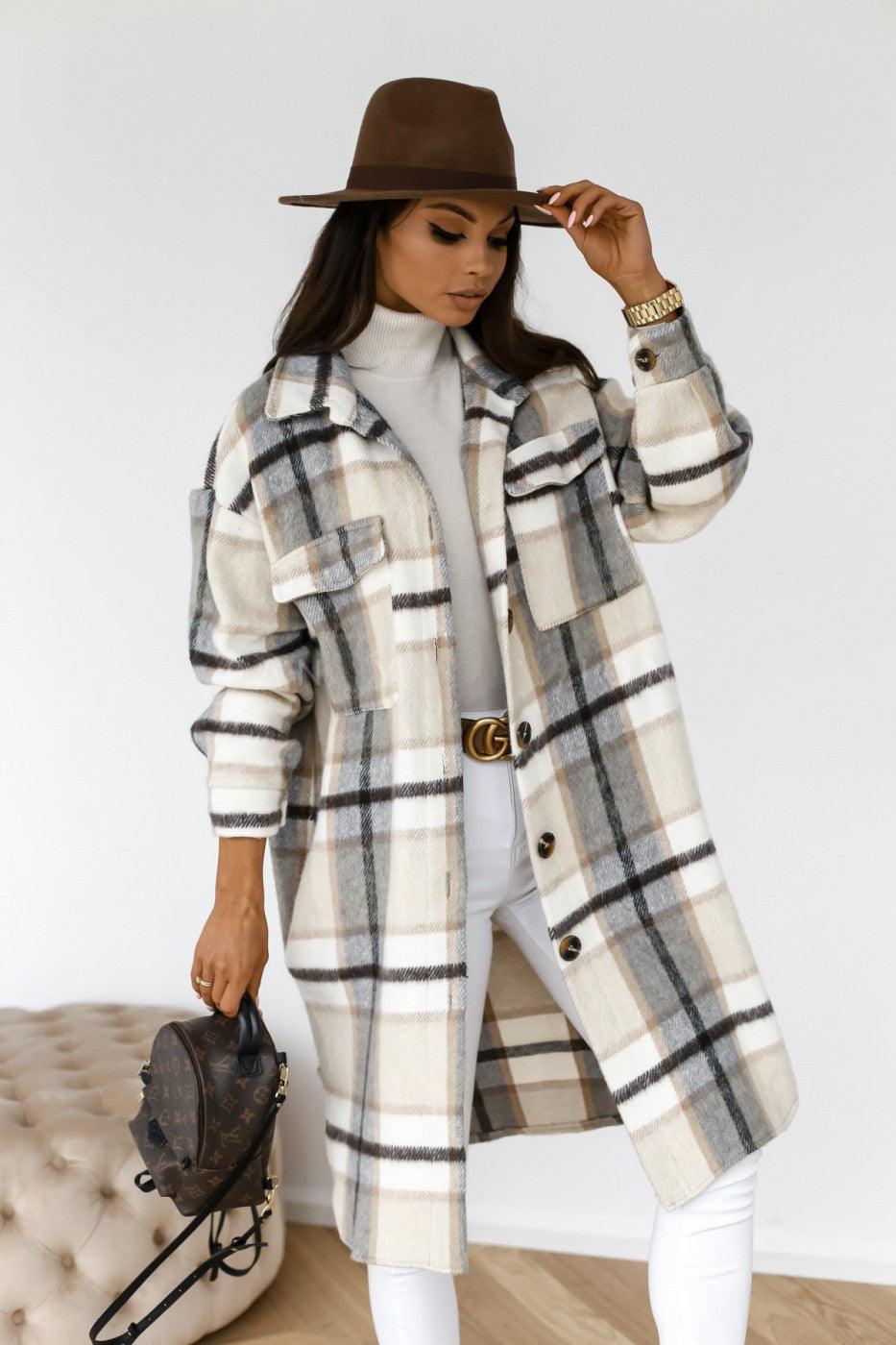 Button Lapel Casual Warm Plaid Long Woolen Coat - Almoni Express