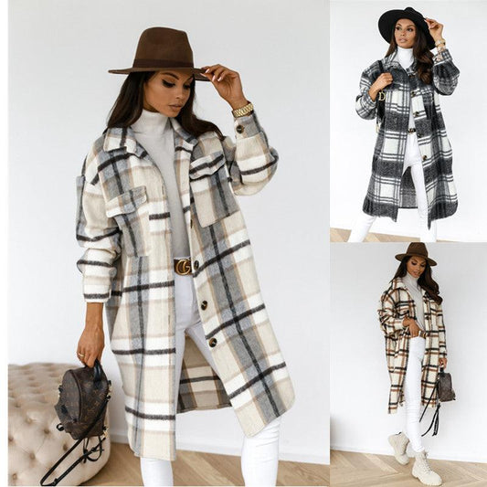 Button Lapel Casual Warm Plaid Long Woolen Coat - Almoni Express