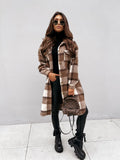 Button Lapel Casual Warm Plaid Long Woolen Coat - Almoni Express