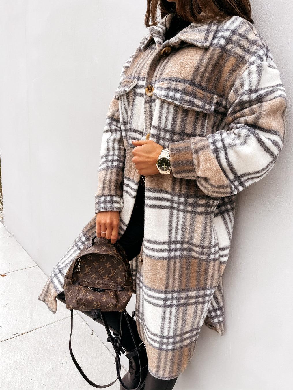 Button Lapel Casual Warm Plaid Long Woolen Coat - Almoni Express